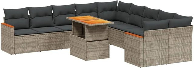 vidaXL 11-teilige Garten-Sofagarnitur in L-Form aus Polyrattan und Akazienholz mit Kissen, Grau - Bild 1