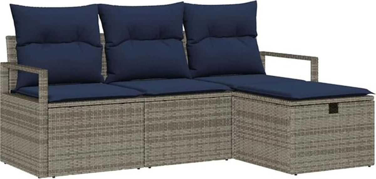 vidaXL Loungemöbel Sofa Set aus Polyrattan und Stahl mit 4 Kissen in Grau und Blau - Bild 1