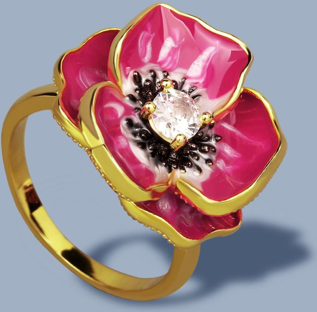 YIRAN Jewelry Damenring, vergoldet, rote Emaille, Blume, Zirkonia, Ringgröße 10 - Bild 1