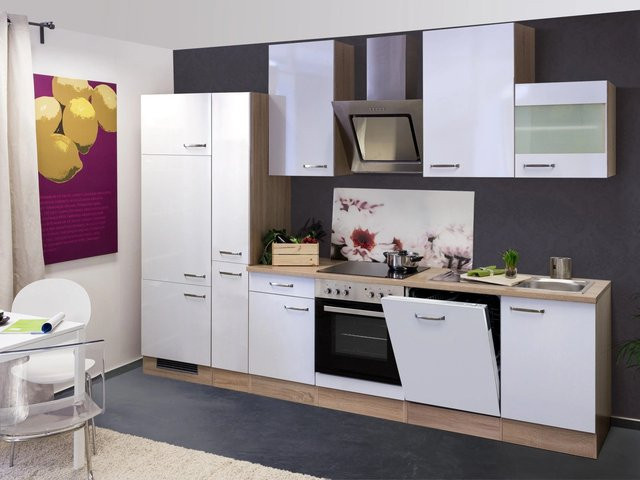Flex-Well Exclusiv Küchenzeile Valero in Hochglanz Weiß mit integrierten Elementen, Breite: 310 cm, Tiefe: 57 cm, Höhe: 200 cm - Bild 1