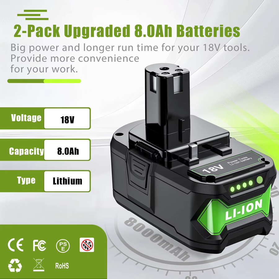 Bonadget Li-Ion Akku 8000 mAh für Ryobi 18 V Elektrowerkzeuge, Schwarz - Bild 1