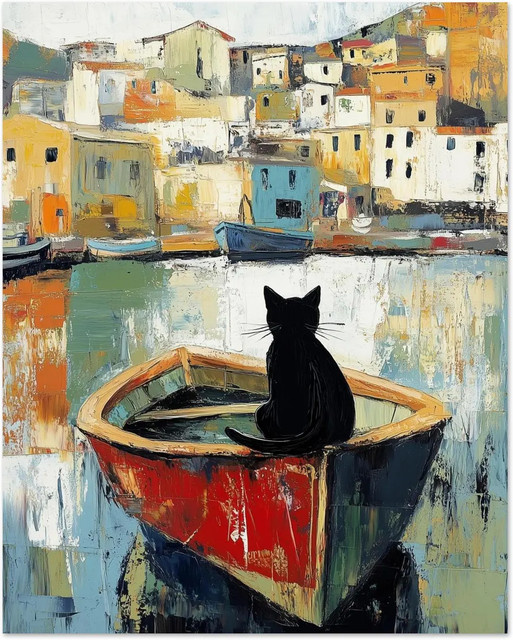 Abstraktes Ölgemälde Wandkunstdruck mit schwarzer Katze beim Angeln, modernes farbenfrohes Katzenposter auf Leinwand, Schwarz-Mehrfarbig - Bild 1