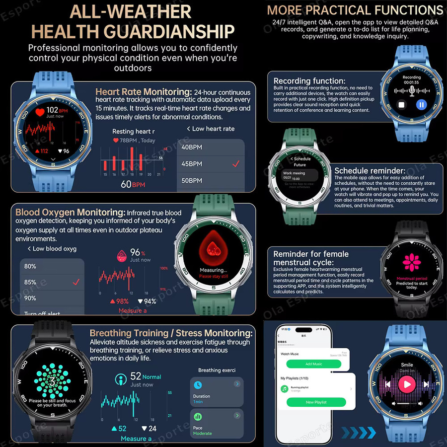 Ola Esporte Smartwatch für Herren in Blau mit 1,43 Zoll AMOLED-Display, integriertem GPS, Kompass, Bluetooth-Anruffunktion und 10 ATM Wasserdichtigkeit - Bild 3