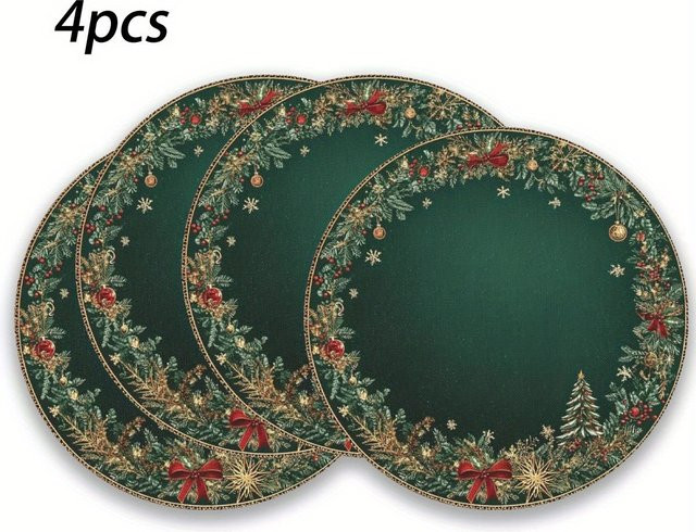 VIKAMA 4er Set Weihnachtstischsets aus Leinen mit Holly Berry und Schneeflocken Design, Grün, Durchmesser: 38 cm - Bild 1