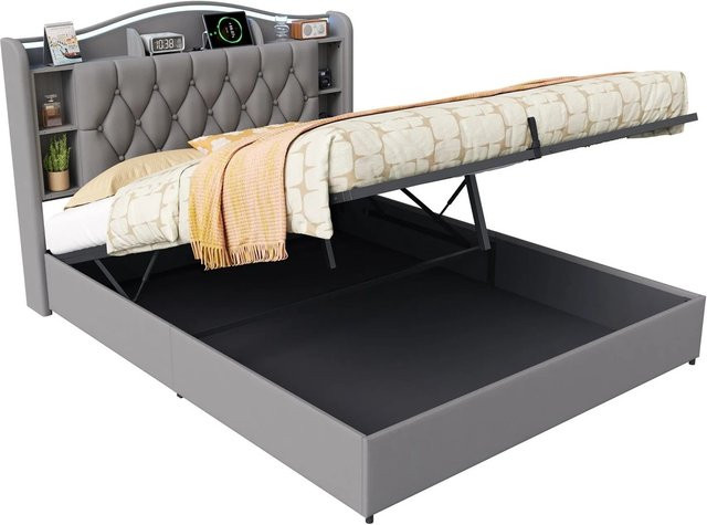 PXloue Doppelbett für Jugendliche in Grau mit Samtstoff, Stauraum, LED-Beleuchtung, USB-Ladestation und integrierter Leselampe, B/T/H: 140 x 200 x 110 cm - Bild 1