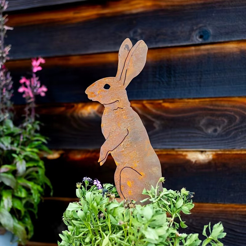 HELLOYOUNG Kaninchen-Gartenstecker aus Metall in Braun – Rustikale Hasen-Silhouette als Gartenkunst für Ostern und Weihnachten - Bild 3