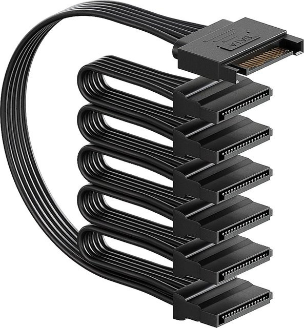 JoniSerl SATA-Stromverteilerkabel 6-fach, 15-Pin auf 6 Anschlüsse für HDD, SSD und optische Laufwerke, Schwarz - Bild 1