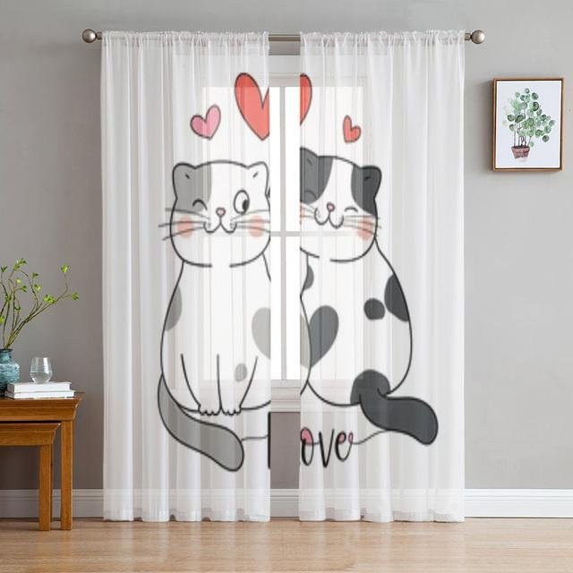 A Family Of Home Textiles Transparent Voile-Vorhang mit Tier- und Katzenmotiven, Farbe: Weiß, B: 135 cm, H: 114 cm - Bild 1