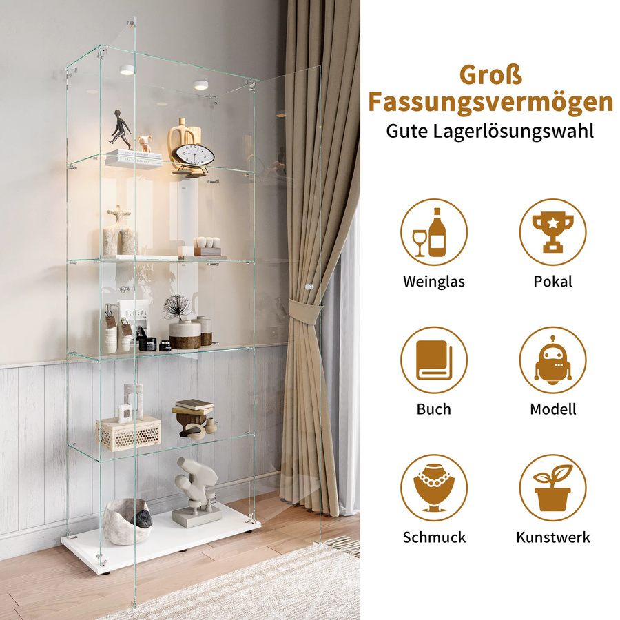 Lazyspace 5-stöckige Glasvitrine in Schwarz mit LED-Beleuchtung und 2 Glastüren für Wohnzimmer und Büro - Bild 4