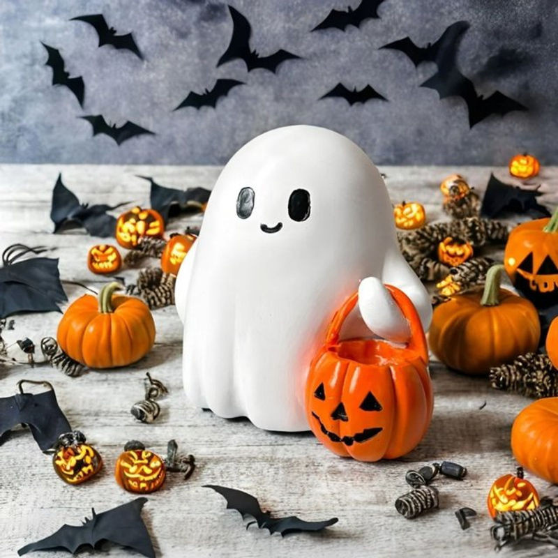 Niedliche Halloween-Geisterstatue mit Kürbis aus weißem Kunstharz für die Dekoration in Innenräumen und im Garten - Bild 1