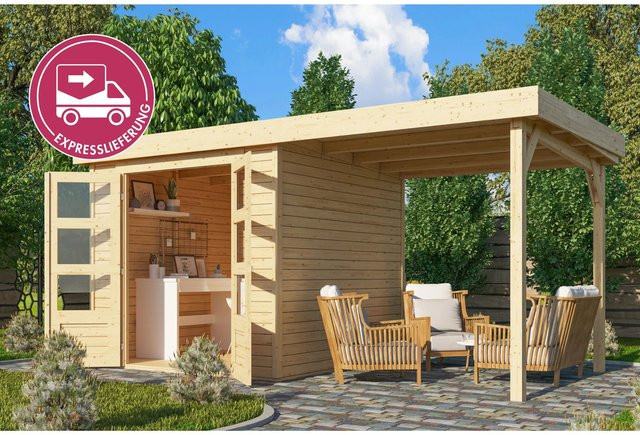 Karibu Express Gartenhaus Speedy B Set in Naturbelassen mit Schleppdach und überdachtem Außenbereich, B/T/H: 462 x 217 x 211 cm - Bild 1