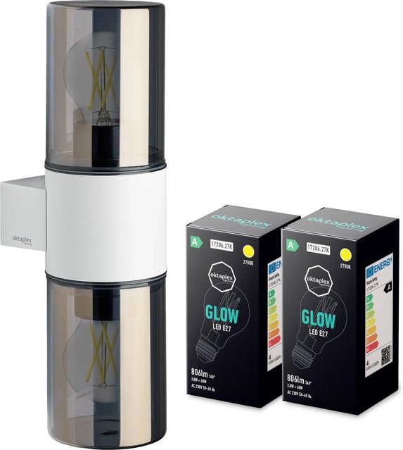 Oktaplex Puno Außenwandleuchte aus Aluminium in Weiß mit Rauchglas und 2x E27 Fassung, IP44 Schutzklasse für Garten und Balkon - Bild 1