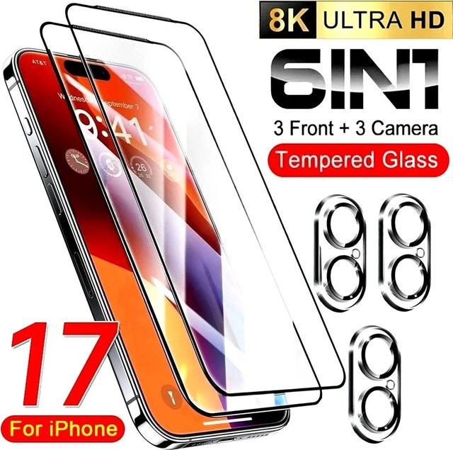 6-in-1 Ultra HD Full Screen Protector und Kamera Objektiv Schutz Set für iPhone 17 16 15 14 13 12 11 Pro Max Plus in Transparent - Bild 1