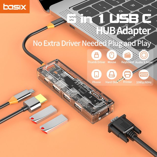 Basix 6in1 USB-C Docking Station mit HDMI, VGA, USB 3.0, PD 3.0 und 3,5mm Audio für Macbook Pro und Air - Bild 1