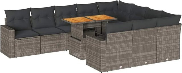 vidaXL 11-teilige Garten-Sofagarnitur aus Poly-Rattan und Akazienholz in Grau mit Kissen - Bild 1