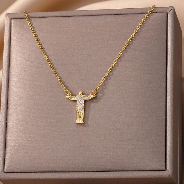 YIRAN Halskette, Edelstahl, Gold, Zirkonia, Jesus Kreuz, Damen, 45cm - Bild 1