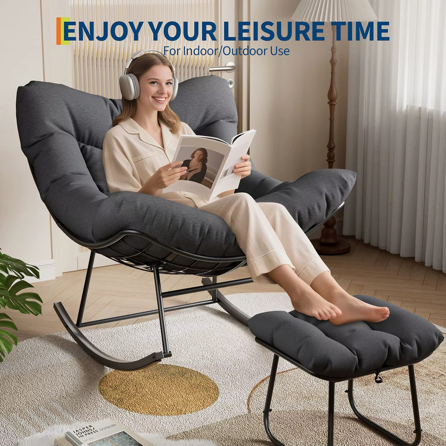 HiMISS Outdoor Papasan Schaukelstuhl mit Rattan-Design und Metallrahmen, Übergroßer Loungesessel mit Polsterung und Ottoman in Weiß oder Grau - Bild 3