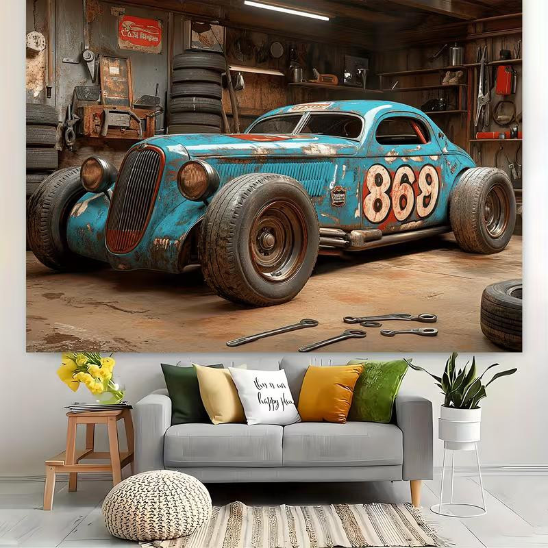 Vintage Rostiger Rennwagen Wandteppich aus Polyestergewebe, Mehrfarbig, Breite: 210 cm, Höhe: 150 cm - Bild 3