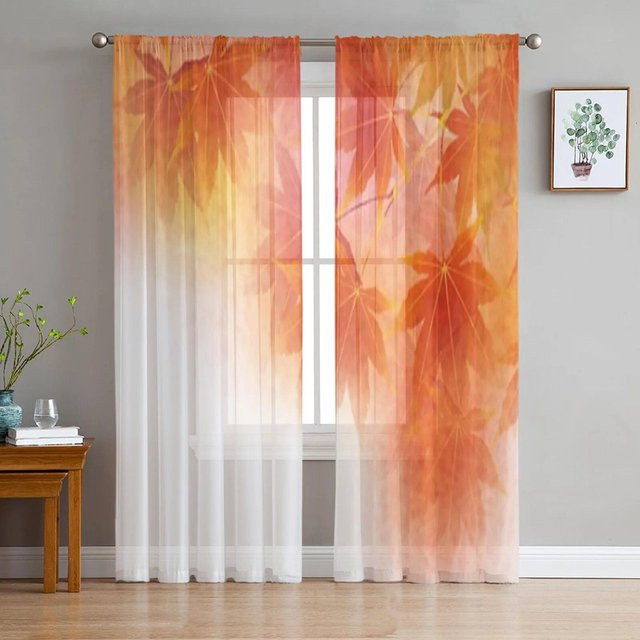 Dekorative Tüll-Gardine mit Herbstblätter-Landschaft von A Family Of Home Textiles, Farbe Orange, B: 135 cm, H: 160 cm - Bild 1
