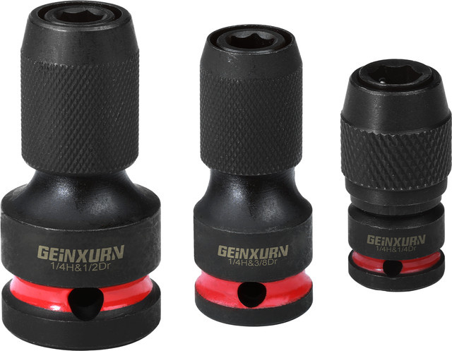 Geinxurn Schlagschrauber Bithalter Set mit 1/2 Zoll, 3/8 Zoll und 1/4 Zoll Vierkantantrieb auf 1/4 Zoll Sechskant-Schnellwechsel-Adapter, Schwarz - Bild 1