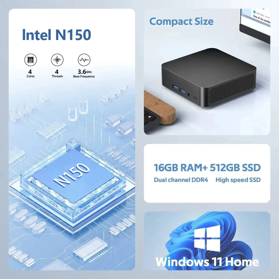 Intel N150 Mini-PC mit Windows 11, 16GB RAM, 32GB RAM und 1TB SSD, WiFi 6 Tragbarer Desktop-Computer für Büro und Gaming - Bild 2