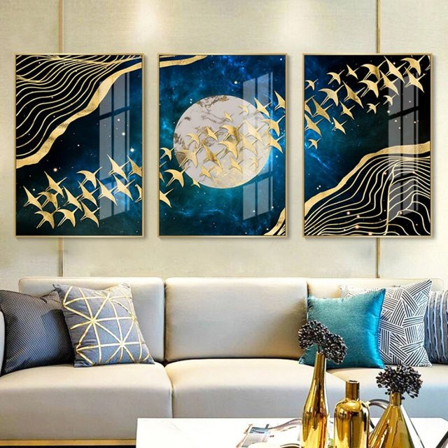 TPFLiving Luxus Poster Leinwand Set mit goldenen Vögeln auf blauem Hintergrund, 3er Set, B: 21 cm, H: 30 cm - Bild 1
