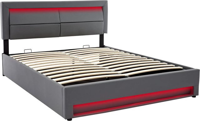 okwish Polsterbett in Grau mit USB-Anschluss, LED-Unterbettbeleuchtung und Stauraum durch Lift-up-Funktion, B/T/H: 160 x 200 x 109 cm - Bild 1
