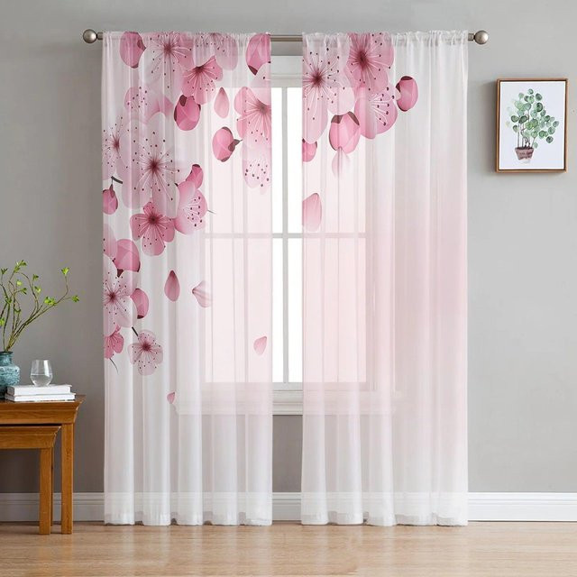 Transparenter Voile-Hängevorhang von A Family Of Home Textiles mit rosa Blumenkirschblüten in Weiß, Breite: 135 cm, Höhe: 183 cm - Bild 1