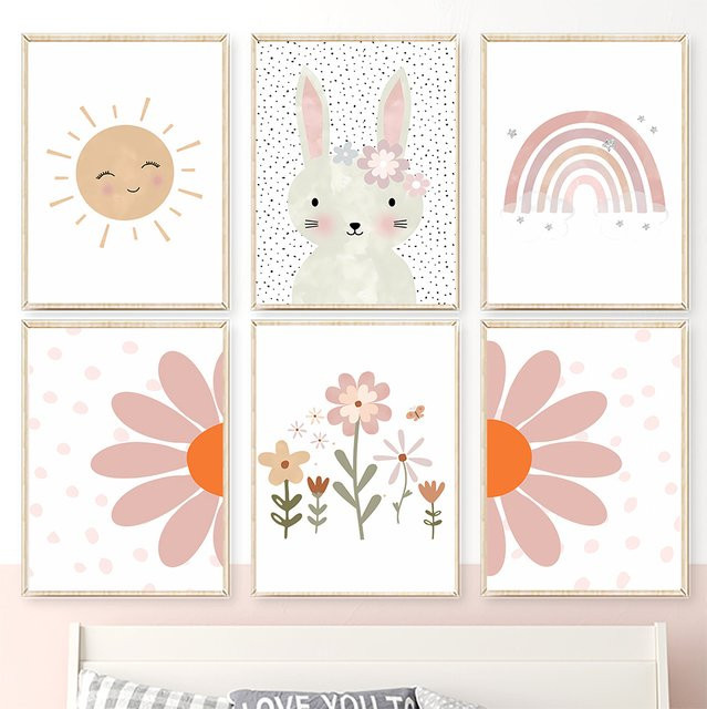 MINISO Boho Wandkunst Leinwand für das Kinderzimmer mit Kaninchen, Blume, Sonne und Regenbogen im Portraitformat - Bild 1