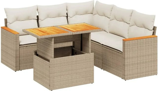 vidaXL 6-teilige Garten-Sofagarnitur in L-Form aus Poly-Rattan und Akazienholz mit Kissen in Beige-Creme - Bild 1