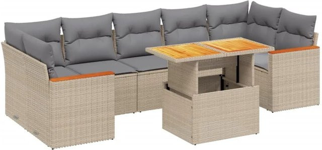 vidaXL 8-tlg Garten-Sofagarnitur in L-Form aus Polyrattan und Akazienholz mit Kissen, Beige - Bild 1