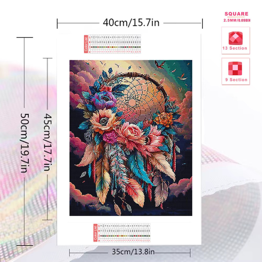 Momoart Diamantmalerei Dreamcatcher DIY mit Blumen und Federn in Multicolour, runde Wanddekoration im Boho-Stil, Durchmesser: 20 cm - Bild 2