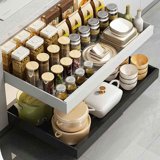 HiMISS Erweiterbarer Schrank-Organizer mit ausziehbaren Schubladen für Küche, Speisekammer und Badezimmer in Schwarz oder Weiß - Bild 1