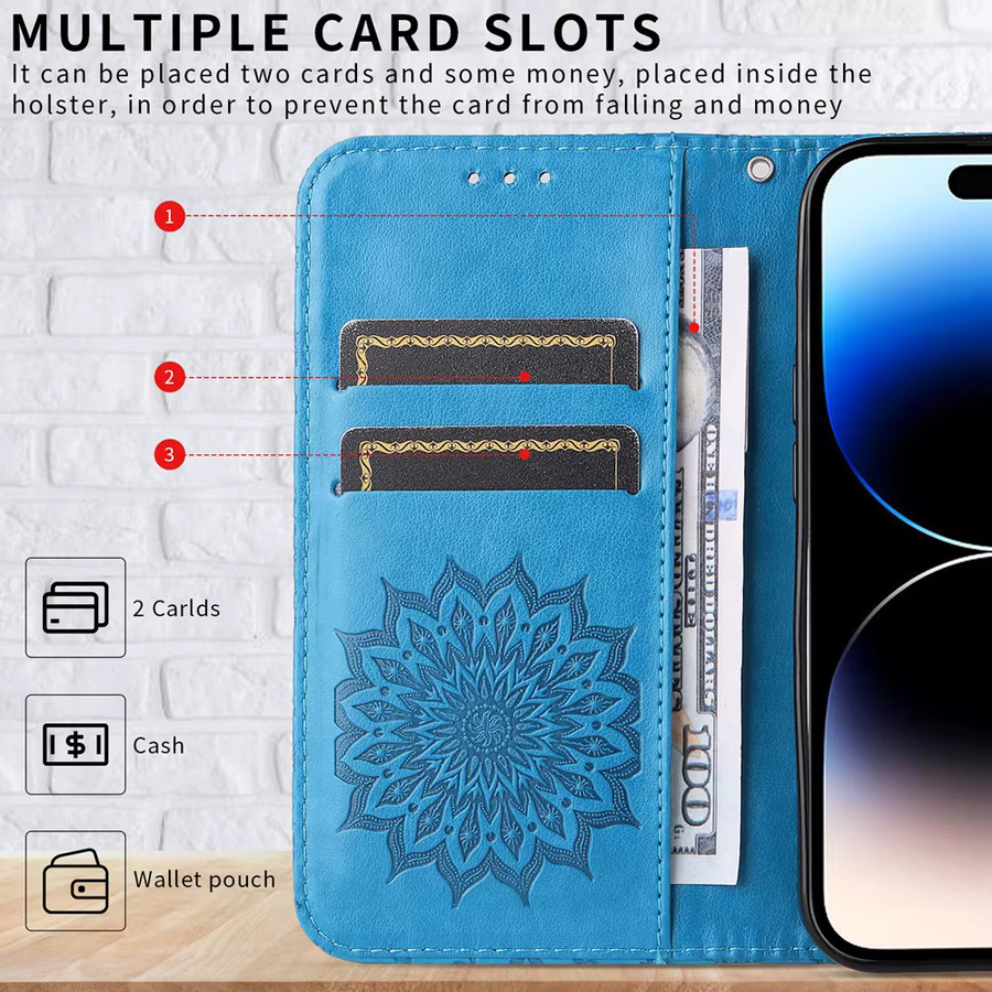 Sonnenblumen Leder-Wallet Schutzhülle für Motorola Moto Edge Serie in Blau mit Magnetverschluss und Kartenfächern - Bild 4