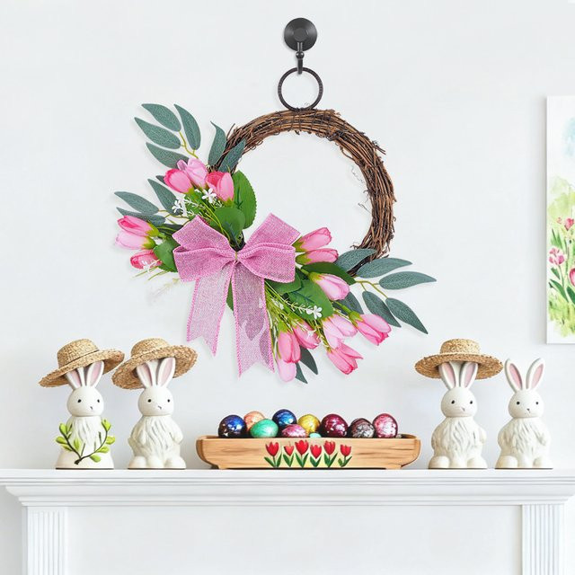 Uflower Osterkranz mit Tulpen und Schleife, künstlicher Blumenkranz in Mehrfarben, Durchmesser: 35,56 cm - Bild 1