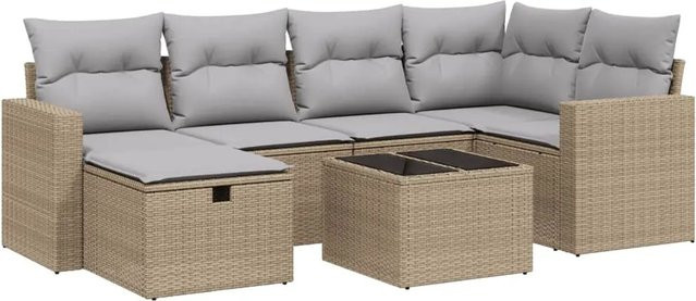 vidaXL 7-tlg. Garten-Sofagarnitur in L-Form mit Kissen und Polyrattan in Beige - Bild 1