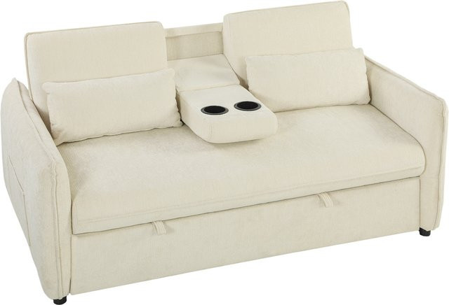 HOMCOM 3-in-1 Schlafsofa Beige, verstellbares Zweisitzer-Sofa mit Getränkehaltern, Seitentaschen und ausziehbarer Gästebettfunktion inklusive 2 Kissen - Bild 1