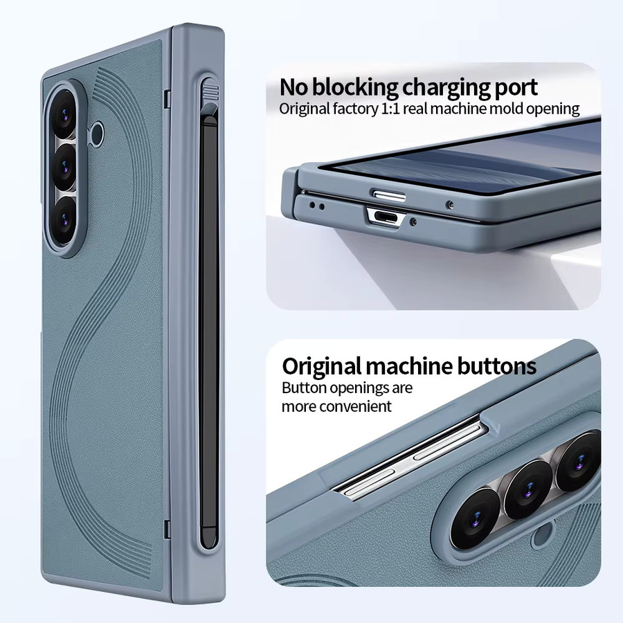 VIETAO PU-Leder Handyhülle für Galaxy Z Fold 7/6 mit Sichtschutz-Panzerglas, Touchstift und Scharnierschutz in Schwarz oder Blau - Bild 2