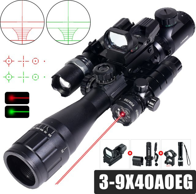 Taktisches Zielfernrohr 3-9x40 AOEG mit Rotpunkt, Taschenlampe und Laser in Schwarz für Outdoor-Jagd zur Montage auf 11mm/20mm Schienen - Bild 1