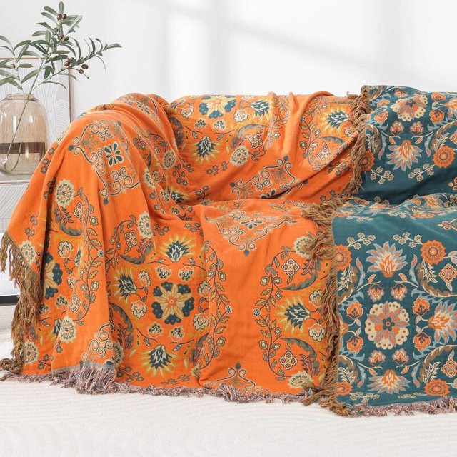 Cozy Haven Sofaüberwurf aus Baumwolle mit floraler Stickerei und Quasten in Orange, wendbare Couchdecke im Boho-Stil, B x T: 200 x 230 cm - Bild 1