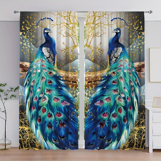 Yiran Furniture Pfauentier Fenstervorhänge mit Ösen, 2er Set, Blau und Gold, halbtransparent, Breite: 65 cm, Höhe: 60 cm - Bild 1