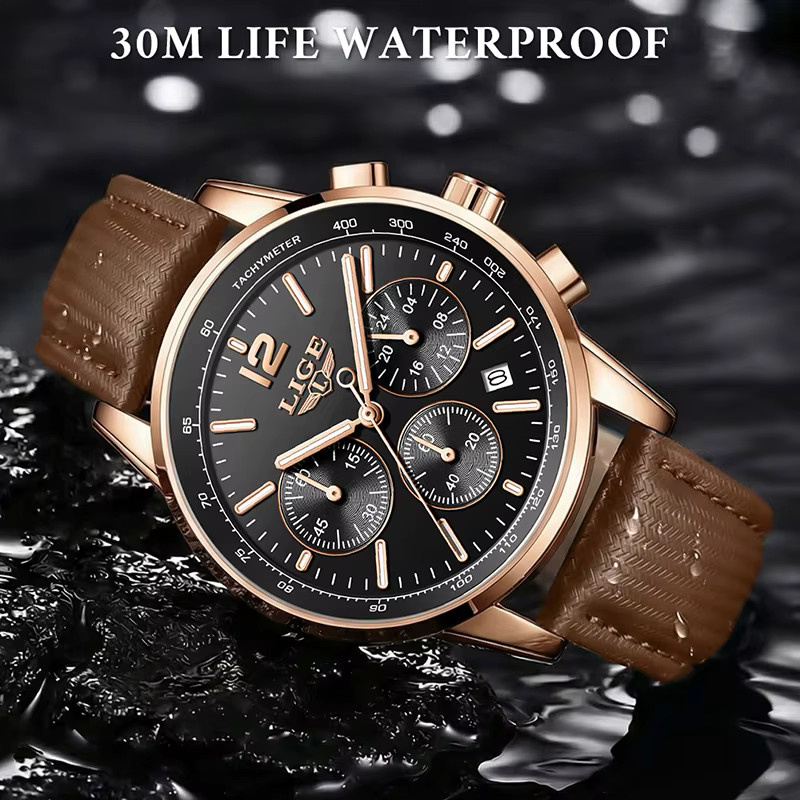LIGE Chronograph Armbanduhr, Quarz, Leder, Roségold, Bicolor, Herren - Bild 2