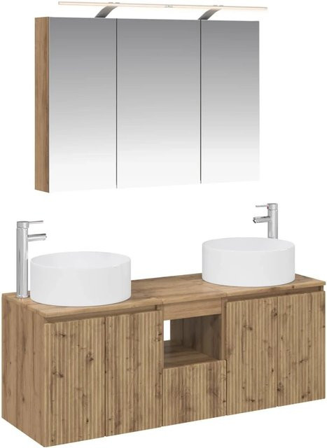 vidaXL Badezimmerschrank-Set 4-teilig Artisan-Eiche in Braun, bestehend aus Waschtischunterschrank, Spiegelschrank mit LED-Beleuchtung und Wandschränken, B/T/H: 100 x 14,5 x 70 cm - Bild 1