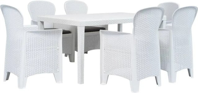 vidaXL 7-teilige Garten-Essgruppe aus Kunststoff in Weiß mit Rattan-Optik - Bild 1
