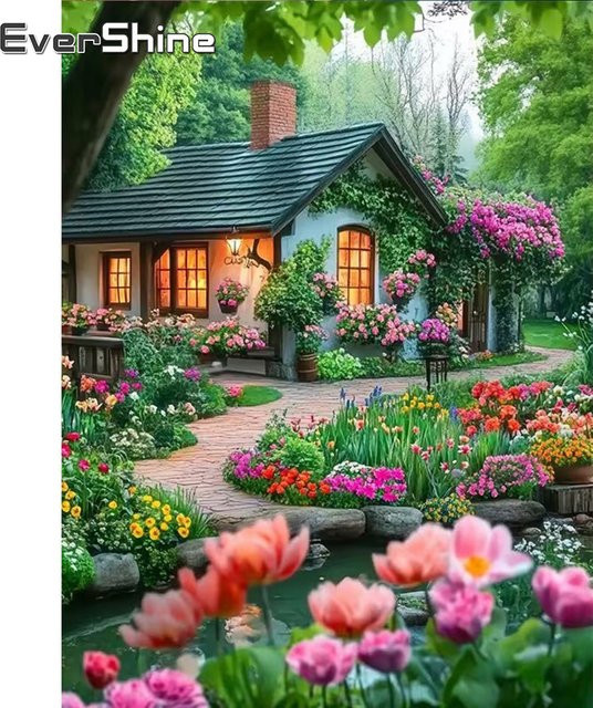 Evershine House Diamantmalerei Landschafts-Stickerei DIY Set mit Gartenmotiv und floralen Elementen, Multicolor, Breite: 30,0 cm, Höhe: 20,0 cm - Bild 1