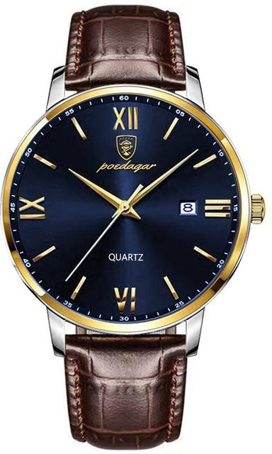 POEDAGAR Armbanduhr, Quarz, Leder, Blau, 42 mm, Herren - Bild 1