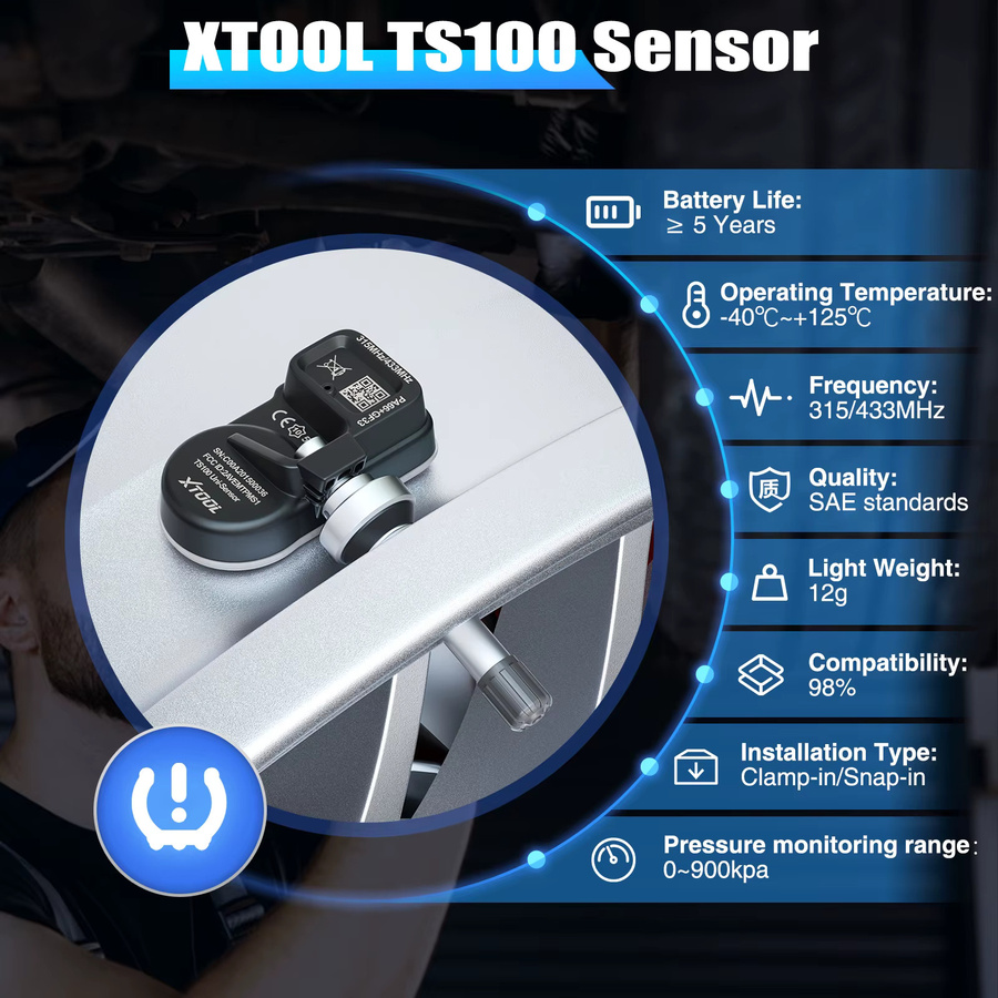 XTOOL TS100 TPMS-Reifendrucküberwachungssensor in Schwarz, 315 MHz oder 433 MHz, programmierbar mit XTOOL TP150 oder IP819TP - Bild 3