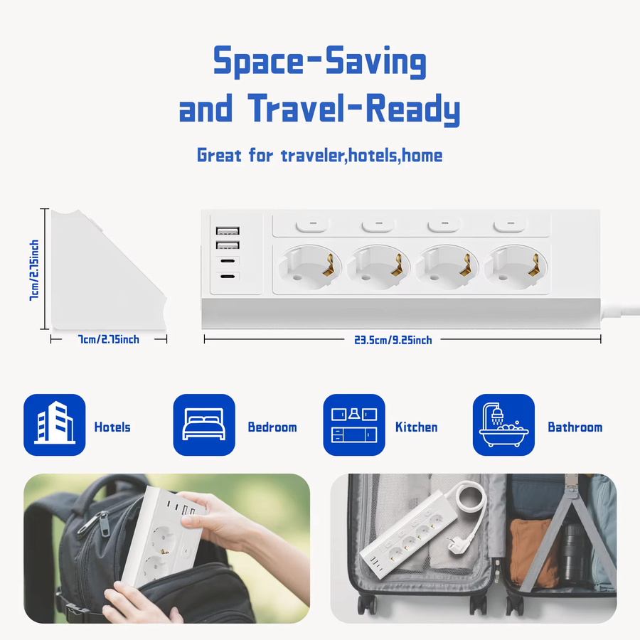 Guwansenen 8-in-1 EU-Steckdosenleiste mit 4 Schaltern, 4 AC-Steckdosen und 2 USB-C-Anschlüssen, 1,5 Meter Verlängerungskabel, Eck-Design - Bild 2