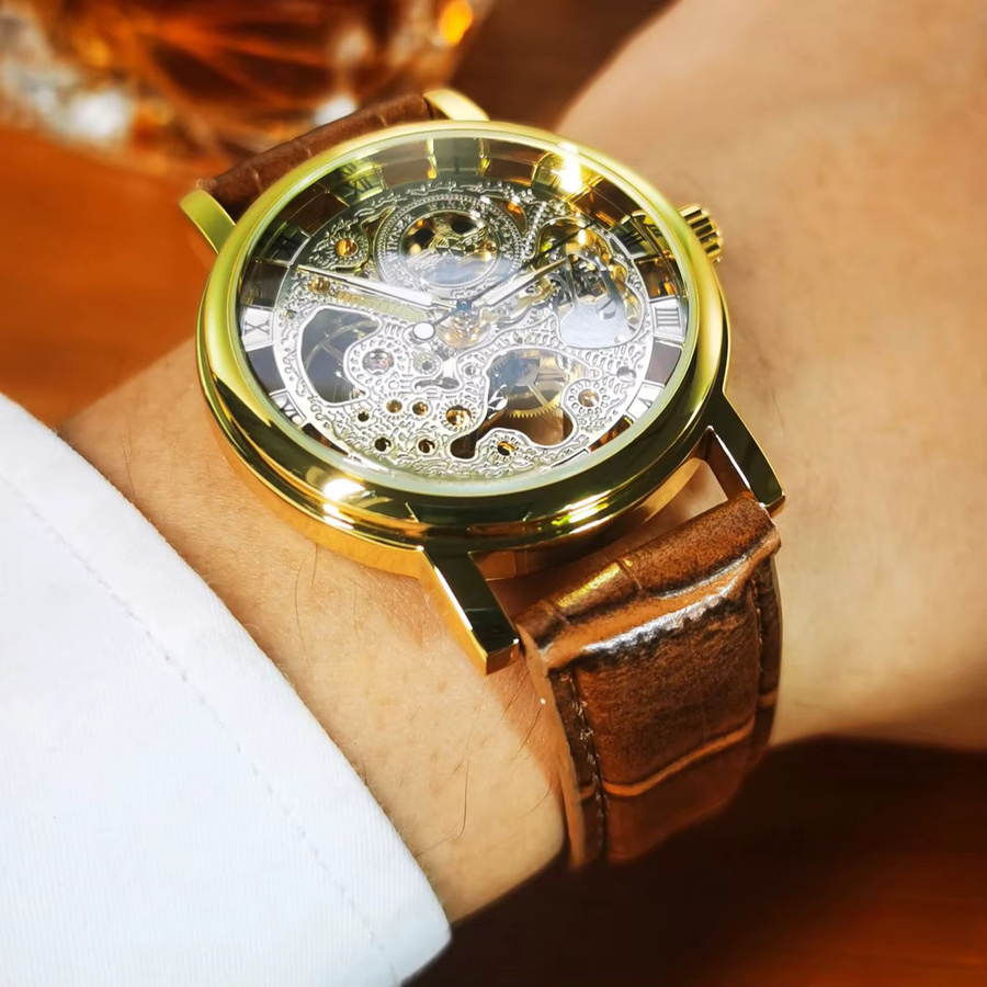 WINNER Armbanduhr Skelett-Mechanikuhr, Handaufzug, Leder, Gold, Herren - Bild 5