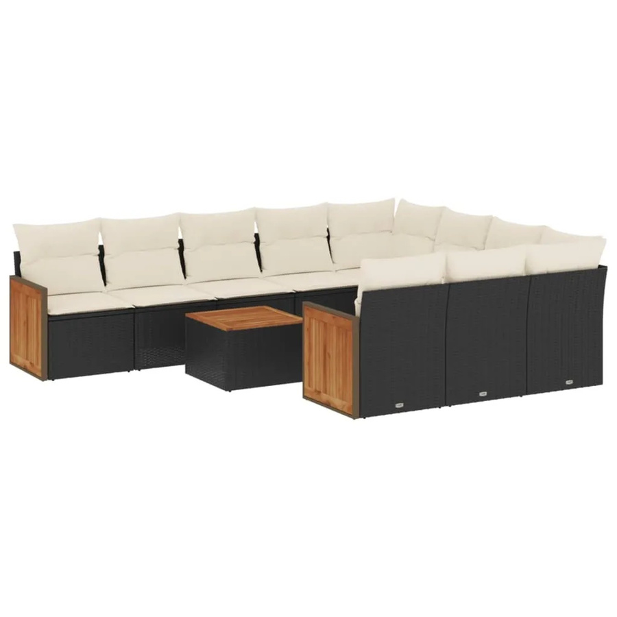 vidaXL 11-teilige Garten-Sofagarnitur aus Poly-Rattan und Akazienholz in Schwarz mit Kissen und Armlehnen - Bild 2